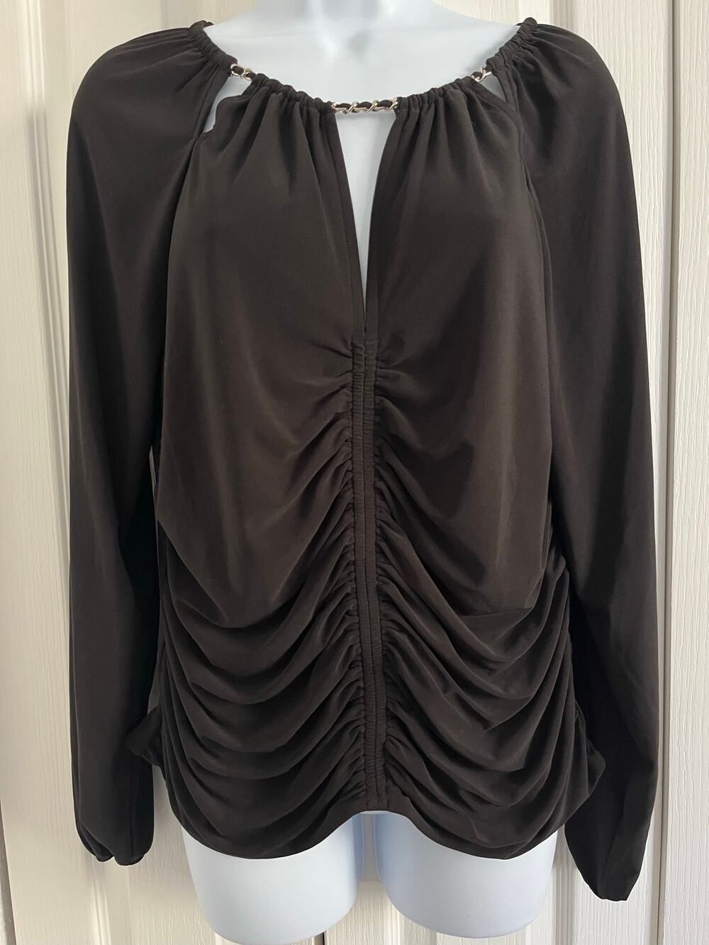 White House Black Market Black Ruched Chain Long Sleeve Top Size L WHBM